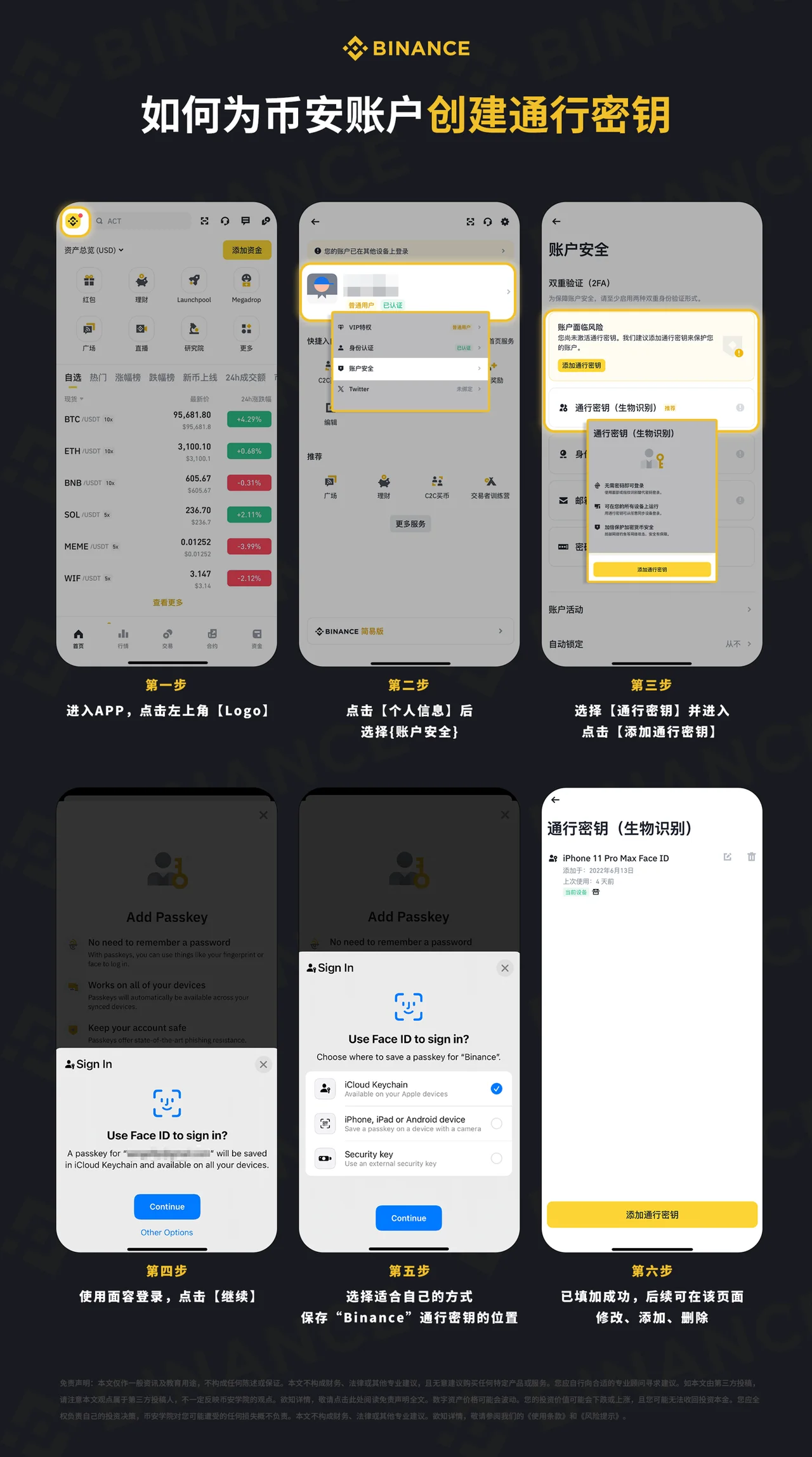 如何为币安账户创建通行密钥（图解教程）：操作步骤图